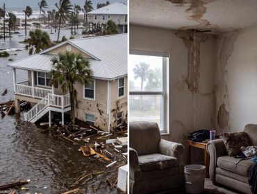 Flood and water damaged in a Florida neighborhood and interior of a home