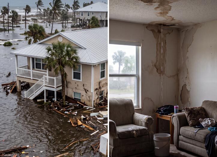 Flood and water damaged in a Florida neighborhood and interior of a home